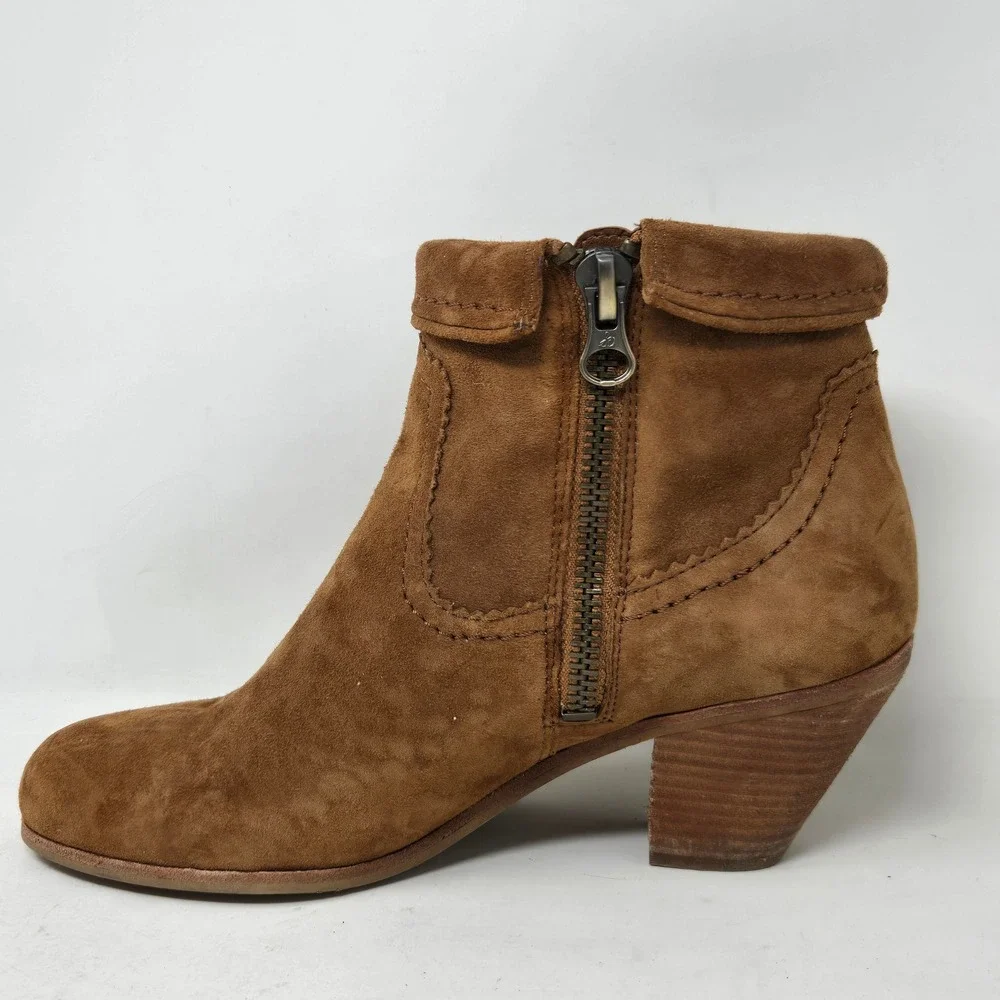 Sam Edelman Louie Cognac‎ Brown Suede Fringe Ankle Boots Gold Metallic Accents 9